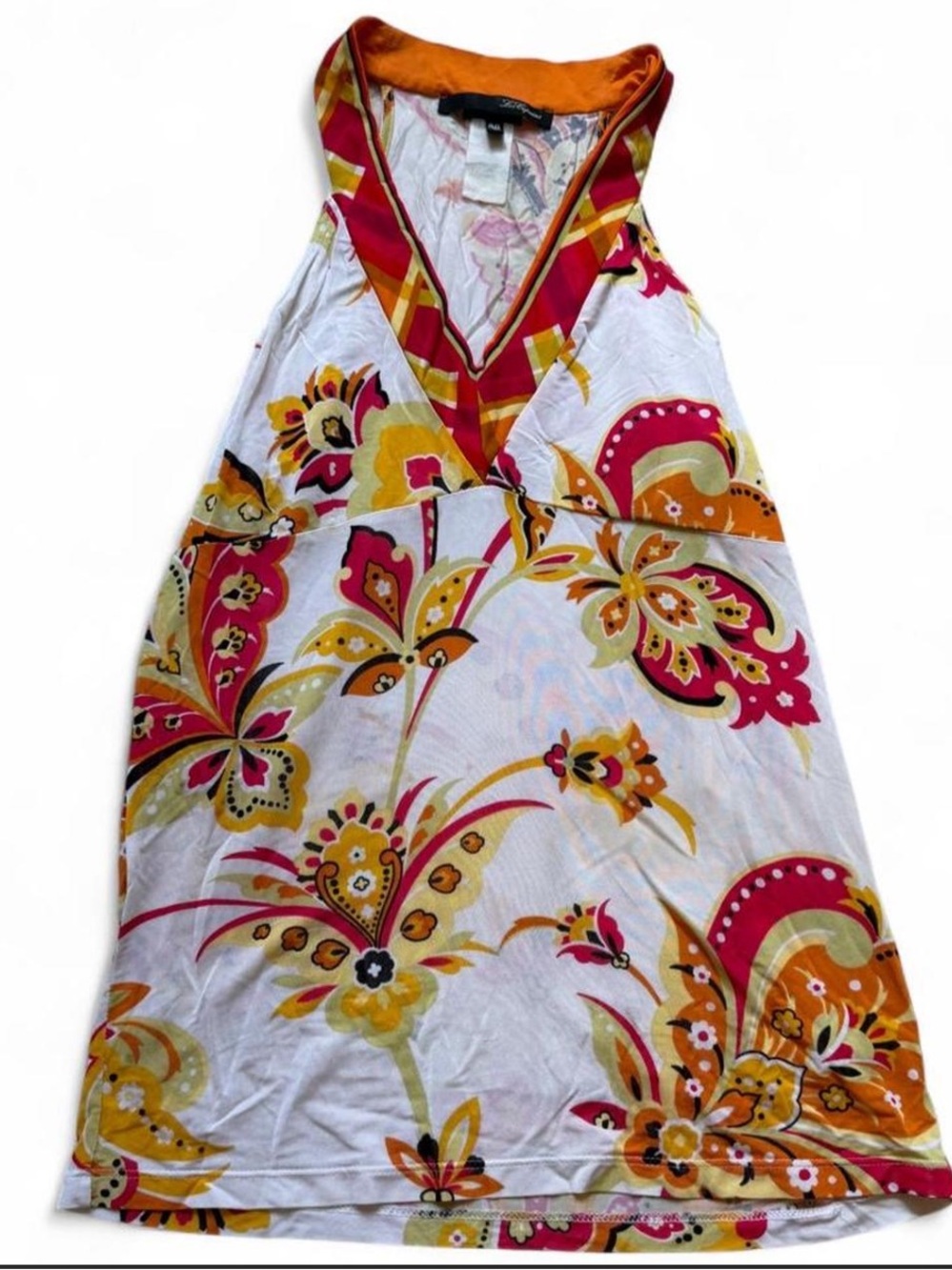 Les Copains White Dress with Orange Trim and Pink Accents
